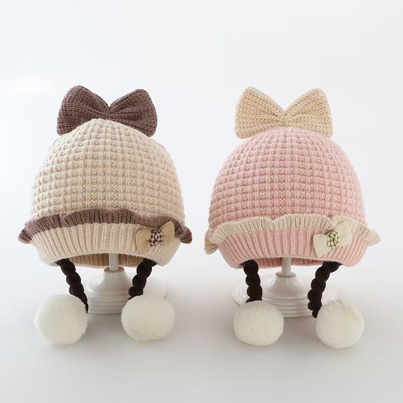 Baby Knit Hat Girls With Bow Braids Cartoon Design Soft Warm Beanie Infants 0-2 Years
