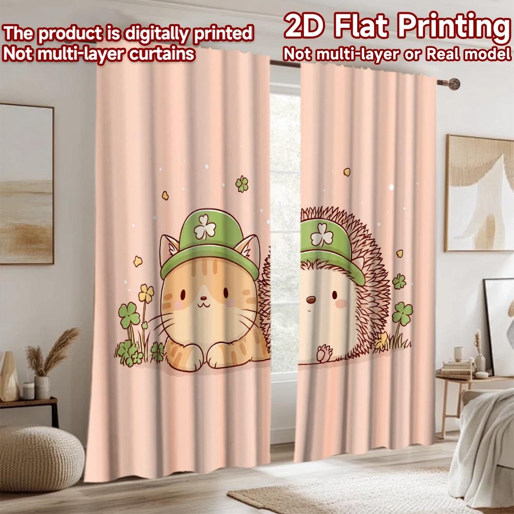 2D flat printing 2pcs Curtain Cute Cat Hedgehog Shamrock Digital Printed Polyester Drapes Festive Wall Decor Use for Photo