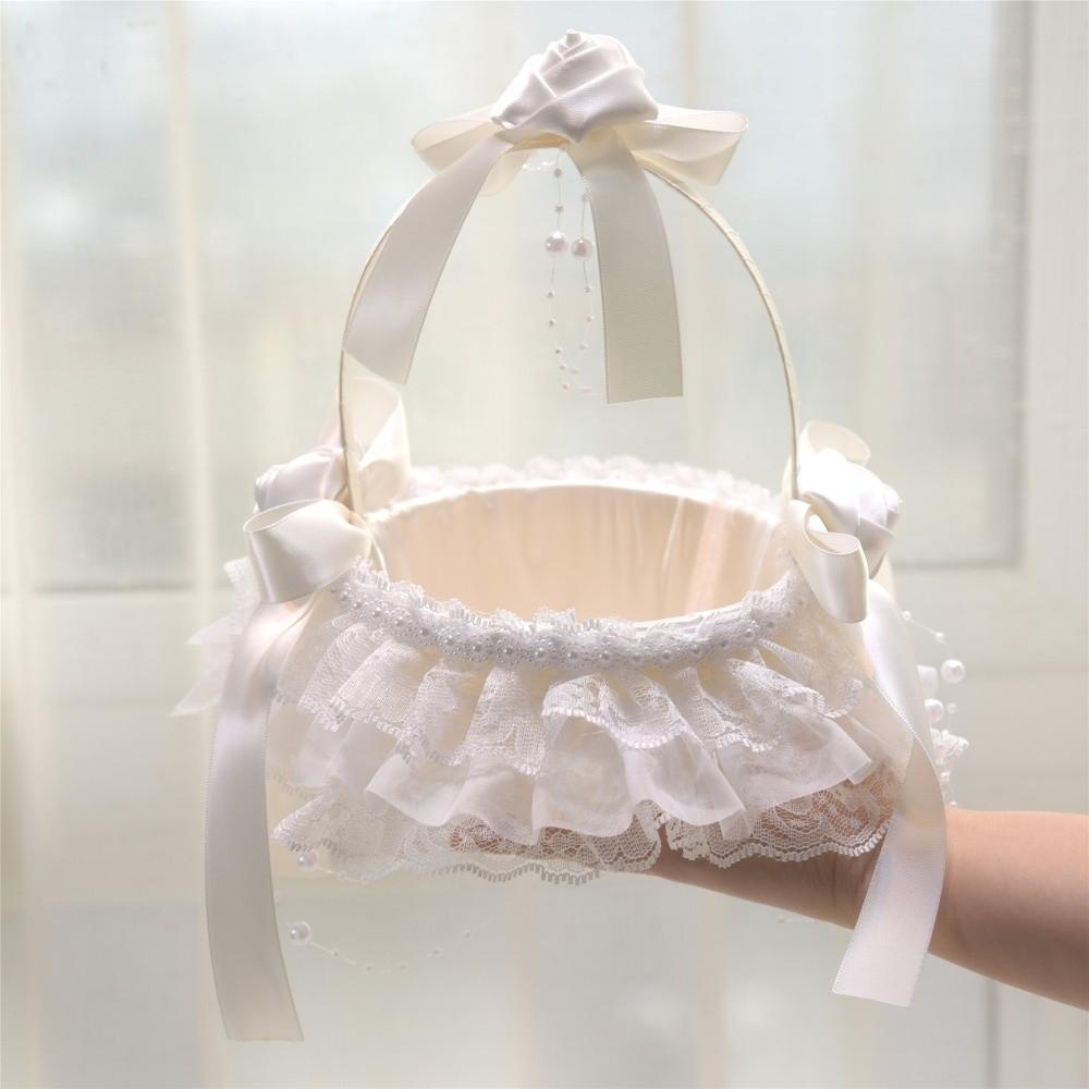 Lace Wedding Flower Basket Satin Crafted Flower Girl Basket Western Style Handheld Basket  Party