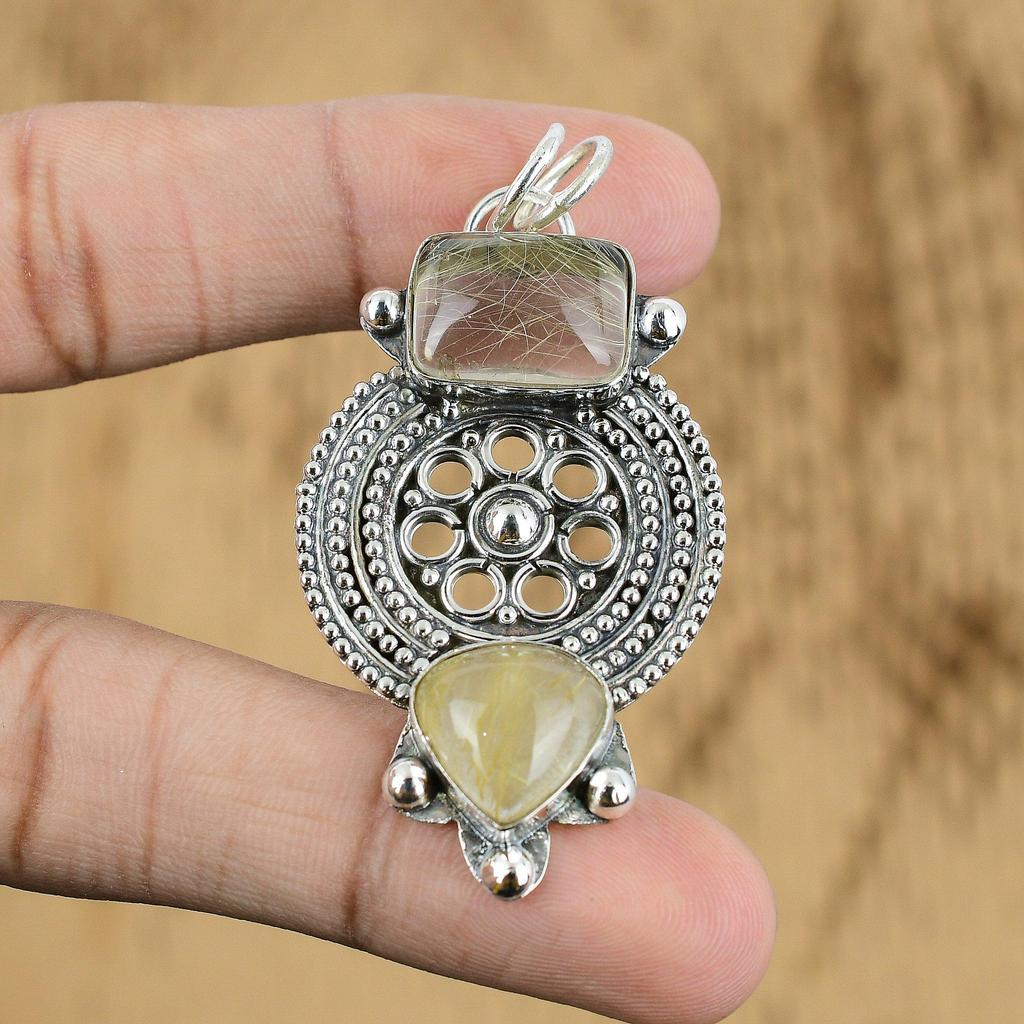 Womens day Deal Natural Golden Rutile Engagement Trendy Pendant Sterling Silver