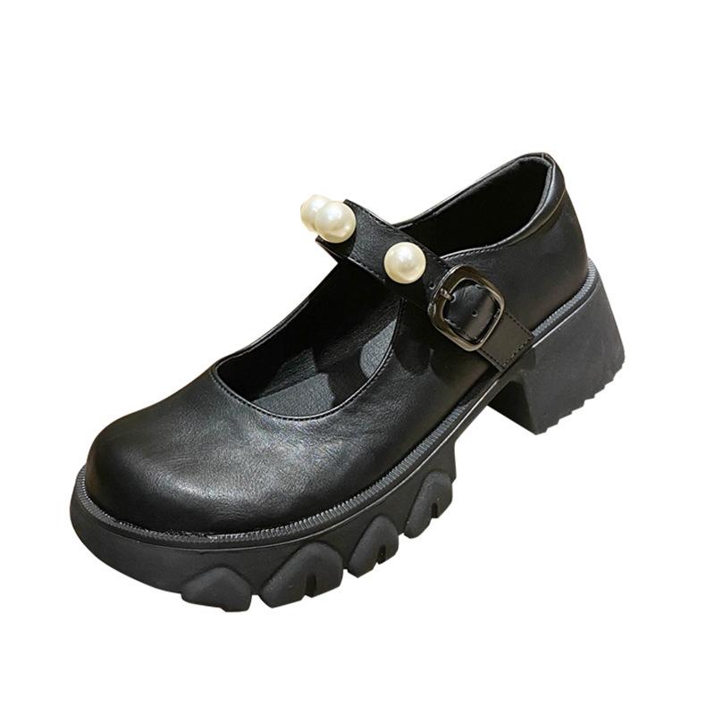 Single Shoes Women's Four-season Platform Small Leather Shoes Small Fragrant Pearls with Versatile Mary Jane Women's Shoes Increase Height