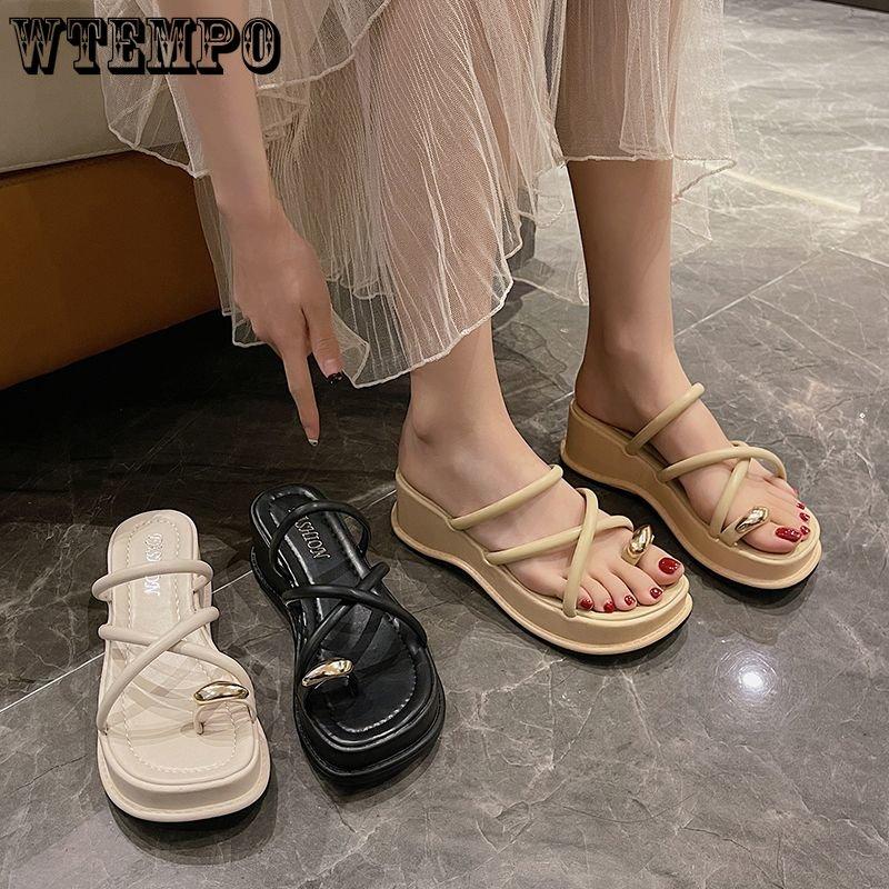 

Женские босоножки WTEMPO на толстой подошве, средний каблук и мягкая подошва. Удобные повседневные модные универсальные и элегантные однотонные тапочки на плоской подошве.