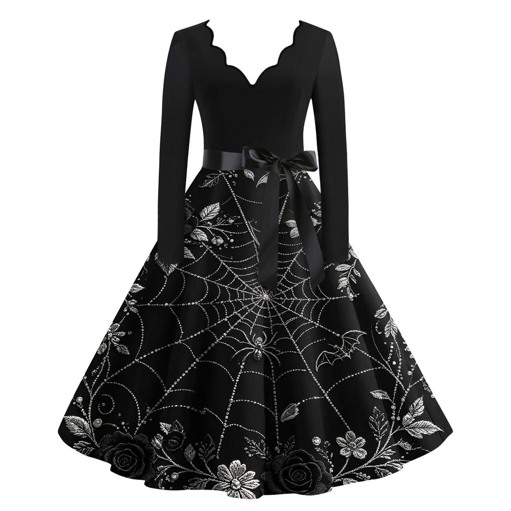 Abito Casual da Donna con Scollo a V e Maniche Lunghe con Stampa Vintage per Outfit da Festa Retro di Halloween