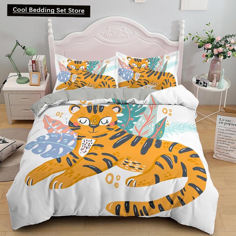 Cartoon Tiger Duvet Cover King Queen Animal Forest Theme Bedding Set for Kids Boys Girls Jungle Wildlife Polyester Quilt Cover