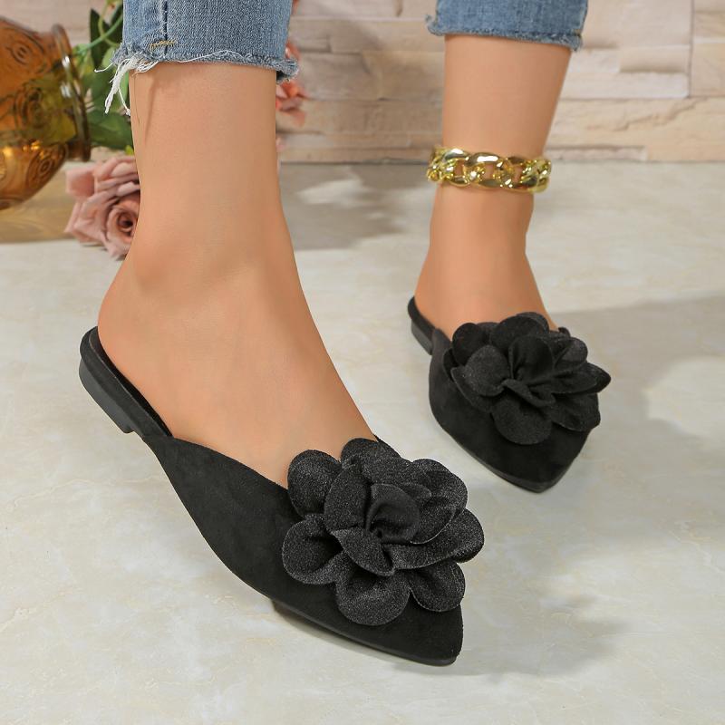 Fashion Leisure Black Cloesd Toe Slippers Women 2025 Summer Leopard Flat Heels Shoes Women Big Flower Slip On Daily Shoes Women