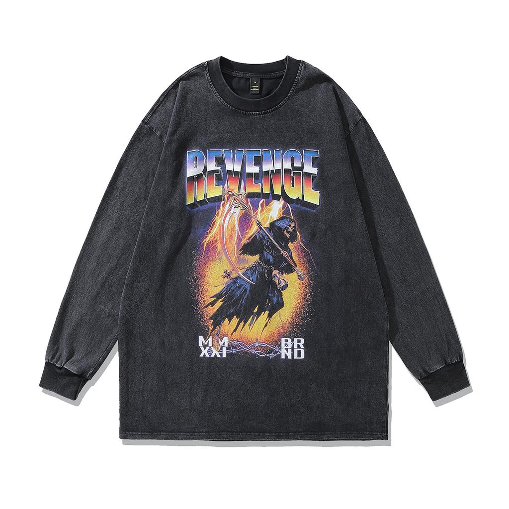 High Street Printed Sweater Ins American Retro Trendy Brand Washed Old Oversize Cotton Long Sleeve T-Shirt Men
