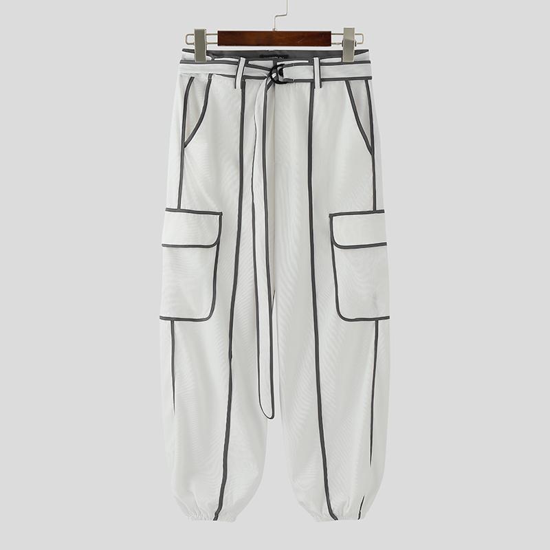 INCERUN Men Zip-up Waist Belt Casual Stitching Thin Harem Pants with Pockets