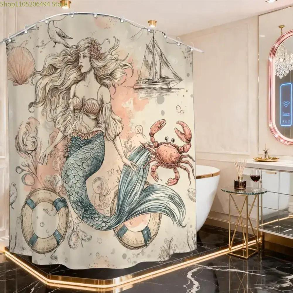 A Bathroom Shower Curtain, Illustrated Design Competition, Ocean Festival Shower Curtain, Includes 12 Hooks, 180*180Cm Bathroo
