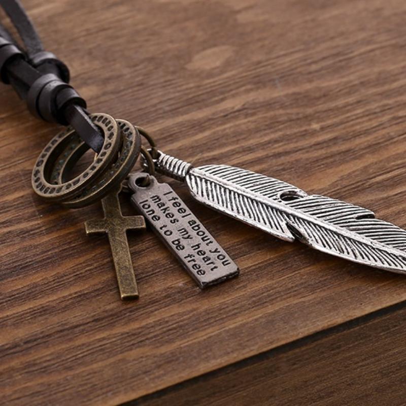 Vintage Feather Pendant Necklaces for Women Men Friendship Adjustable Long Leather Rope Chain Necklace Jewelry
