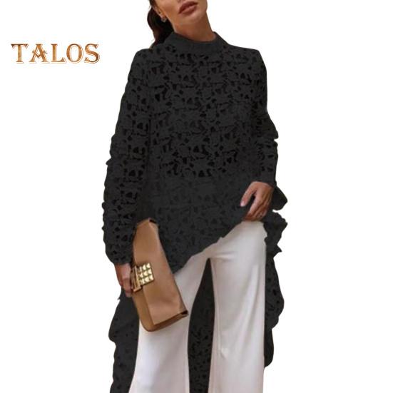 Dámská dlouhá top s výřezem, nepravidelná háčkovaná krajka, květinový patchwork, průsvitná krátká přední a zadní halenka s polovičními výstřihem a dlouhým rukávem