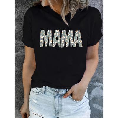 Damen Mama Gänseblümchen Blumenprint T-Shirt Mama Schriftzug Gänseblümchen Design Weich Atmungsaktiv Leicht Entspannte Passform Rundhalsausschnitt Kurze Ärmel Schwarz Weiß Lässig