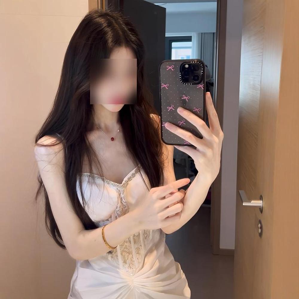 Promi Fischgräten-Spitzen-Trägerkleid Temperament leicht reifer Stil Sommer einfarbig Taille Abendkleid Kleid