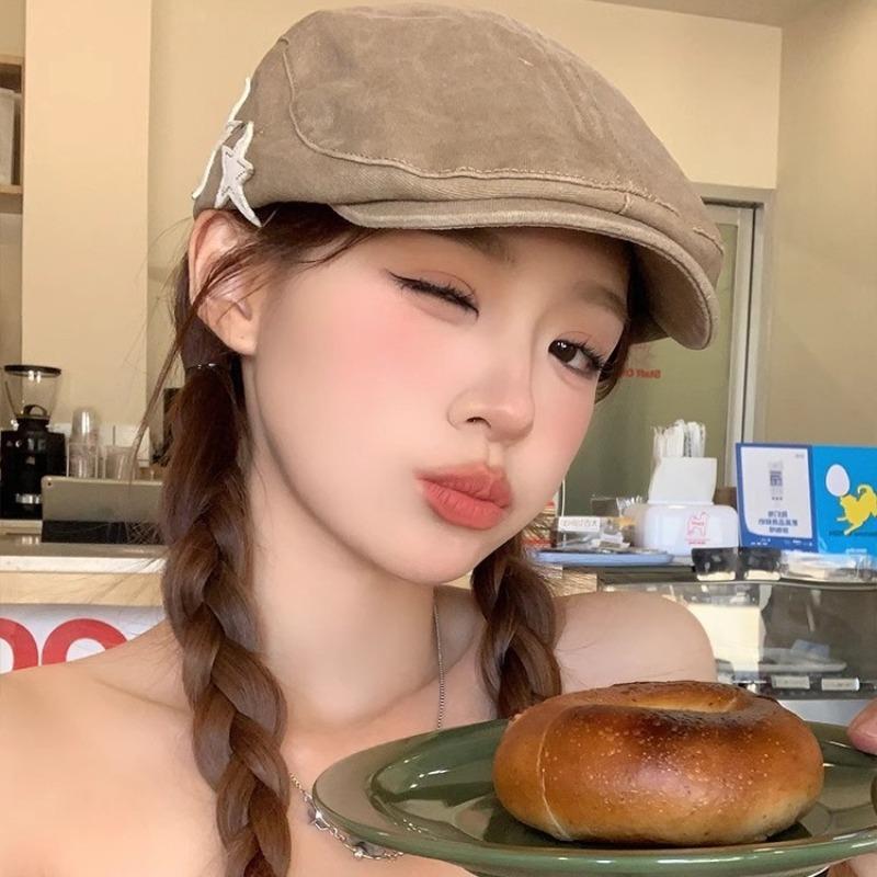 Retro Star Forward Hat Female British Casual Simple Versatile Face Small Beret Washed Hat
