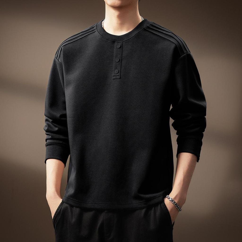 Luxury 300g Heavyweight Men's Henley Collar Pleated Hoodie - Autumn American Trend T-Shirt with Long Sleeves
