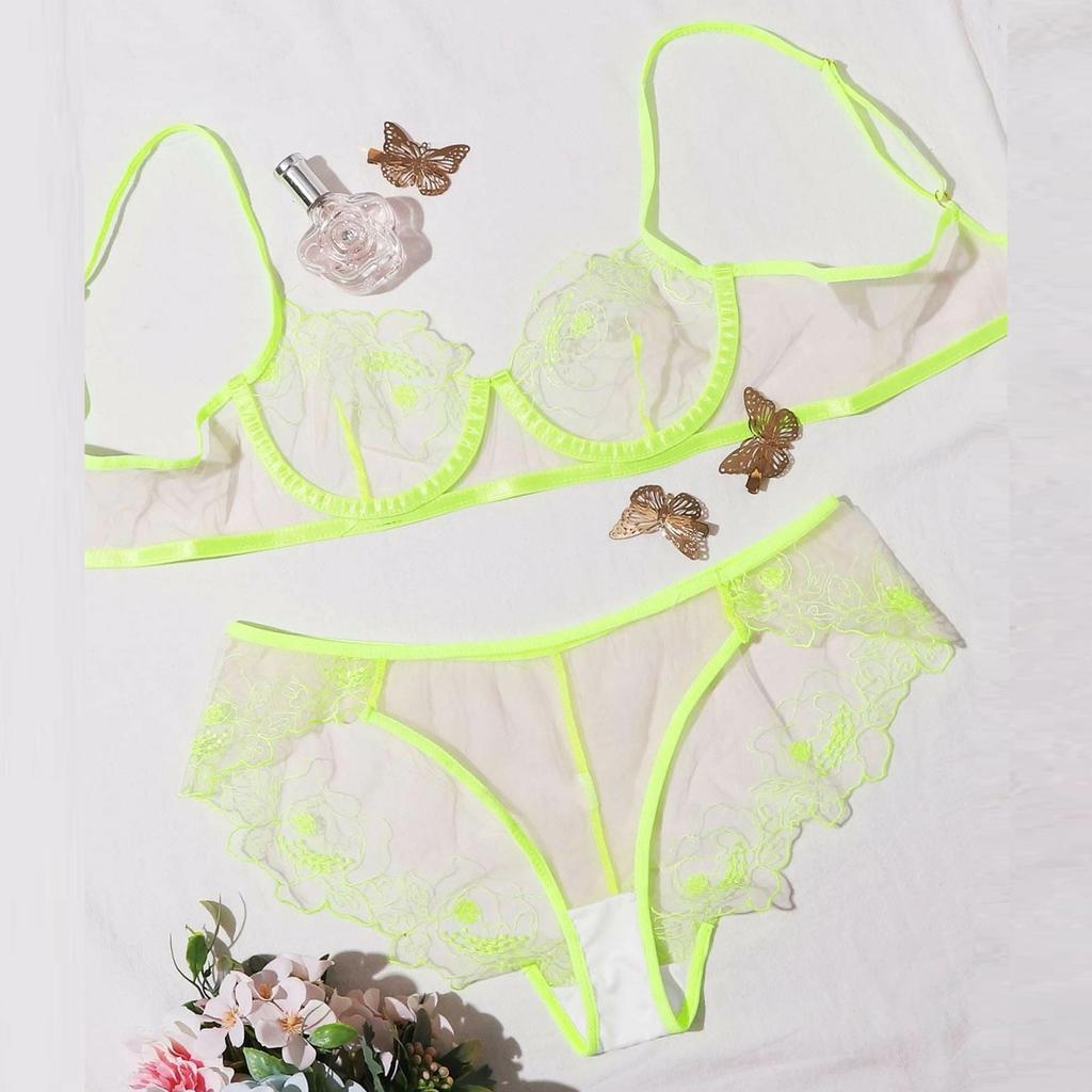 Women's Sexy Lace Flower Mesh Embroidered Sheer Lingerie Two Piece Set