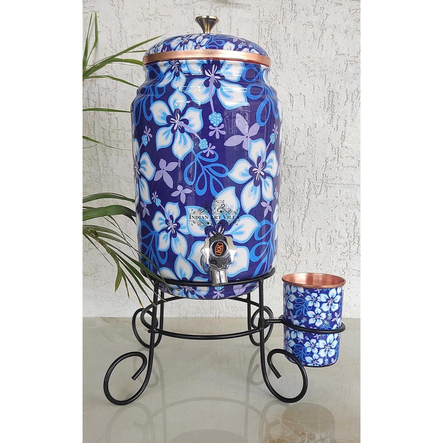 

Кувшин для воды из чистой меди с синим цветочным принтом, с латунным краном и медным стаканом и подставкой, для хранения и подачи воды, объем - 5 литров