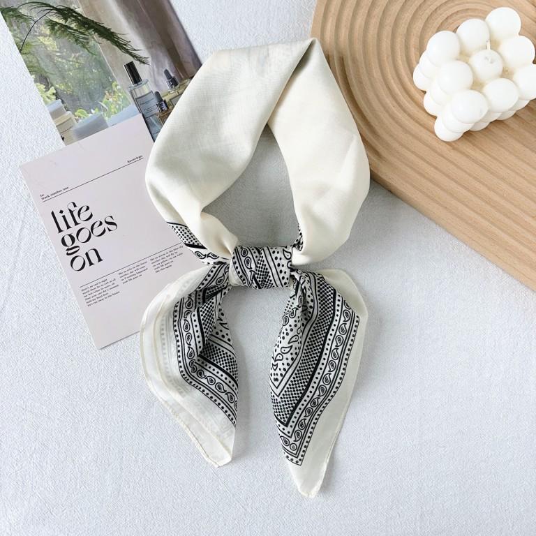 Pure beige retro geometric silk scarf silk small square scarf women s spring and summer decorative temperament Korean scarf cotton scarf