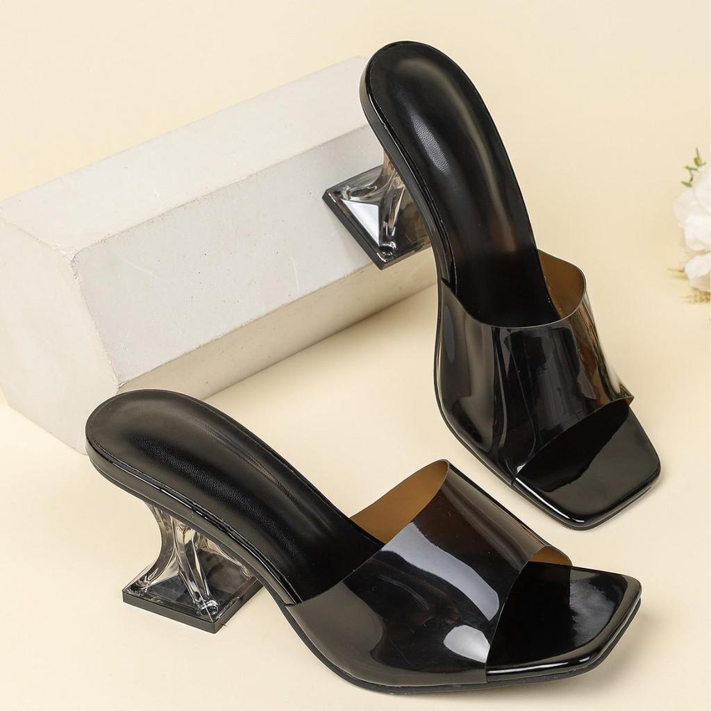 2026 Women's Transparent Heel Square Toe High-Heel Sandals - Brown/Black Summer Outdoor Breathable Single Strap Slippers