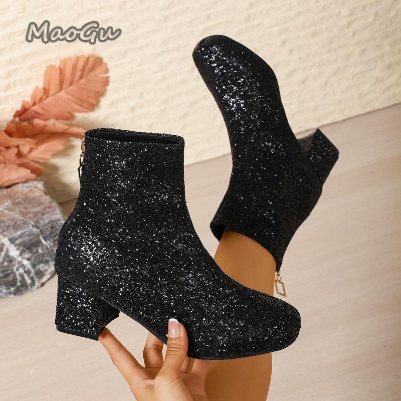 

Fashion Gold Black Glitter Women s Short Bootie Women Shoes Side Zipper High Heels Pointed Toe Modern Ankle Boots Bottes Femmes 36 чёрный