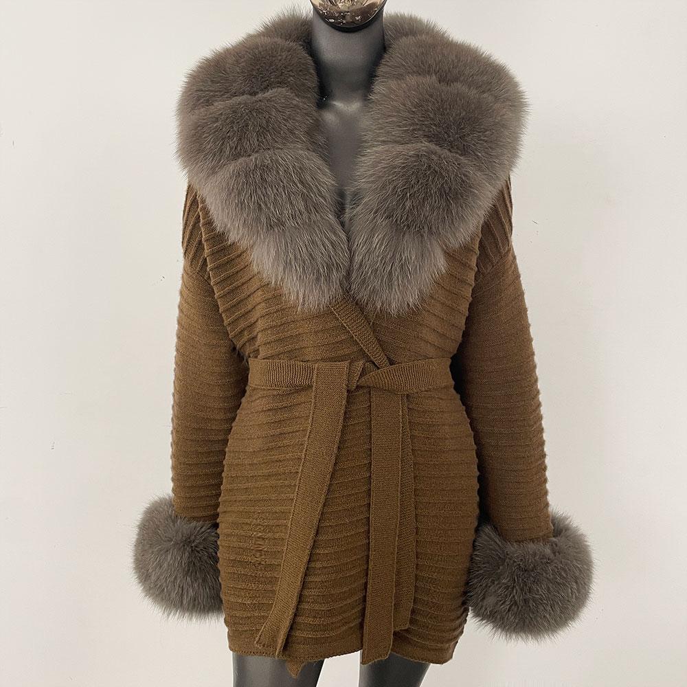 OFTBUY Podzimní Dámský Měkký Dlouhý Pravý Velký Liščí Kožich Teplý Pletený Kabát Pásek Klopa Límec Svrchní Oblečení Ležérní Svetr Bunda Volná Dámská Elegantní Dlouhá
