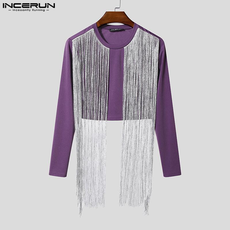 INCERUN Men O Neck Long Sleeve Front Glitter Tassel Short Crop Tops