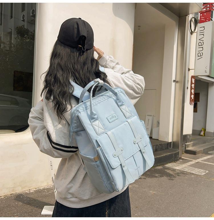 Nylon Middle School Student Schoolbag Waterproof Solid Color Backpack Large Capacity