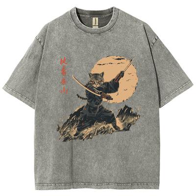 Summer Women T-Shirt Japanese Oversied Short Sleeve Washed Denim Stretch Fabric Samurai Cat Print Top