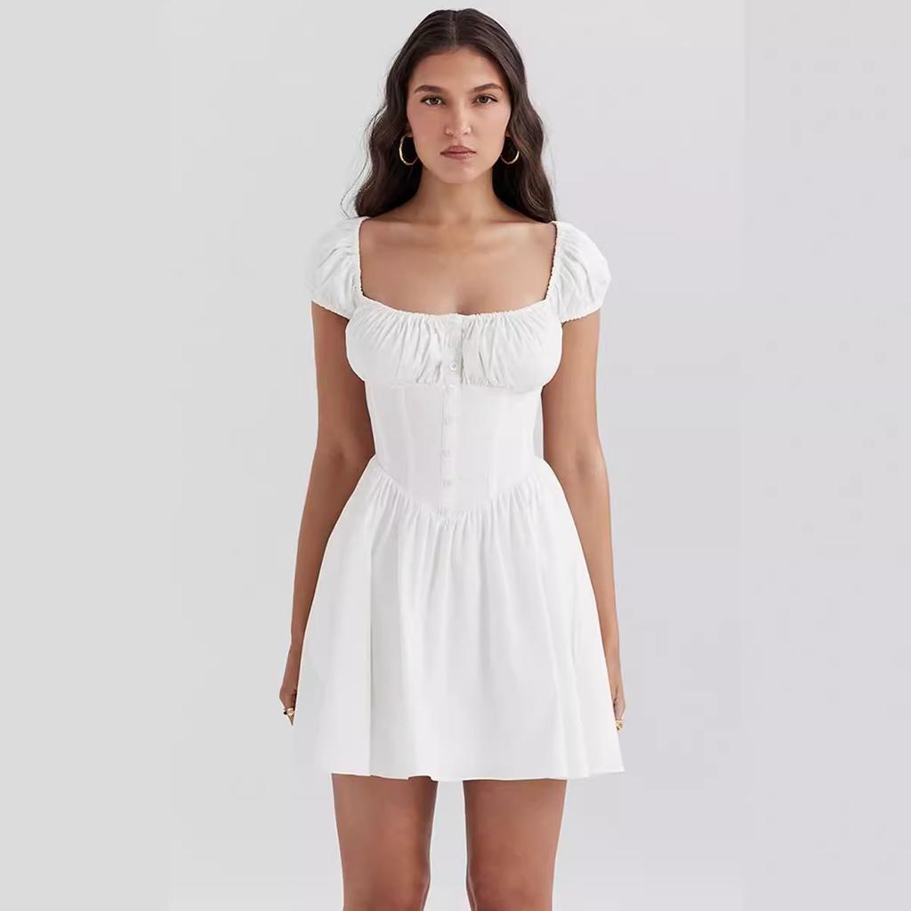 Girl age reduction French retro court style sweet pleated square neck bubble sleeves slim and thin mini dress
