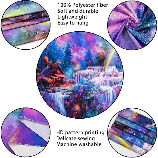 Racunbula Blacklight Tapestry Fantasy Forest Tapestry UV Reactive Waterfall Rainbow Tapestries Misty Jungle Plants Nature Landscape Tapestries Wall
