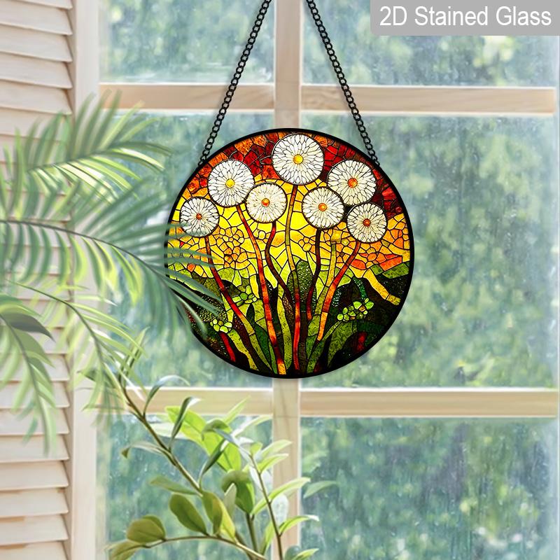 2D Flat Stained Glass Flower Window Decoration Colored Glass Plate, 7.87inches Hanging Ornament with Chain, Charming Spring Summer Sun Catcher Home
