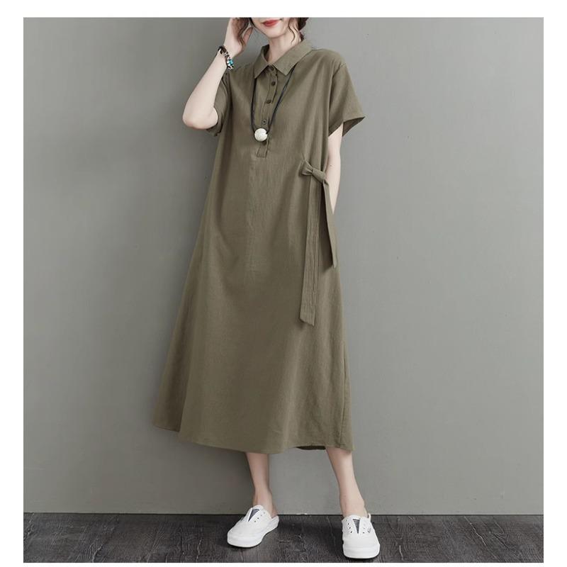 Women's Plain Color Cotton and Linen Lapel Short Sleeved Dress
