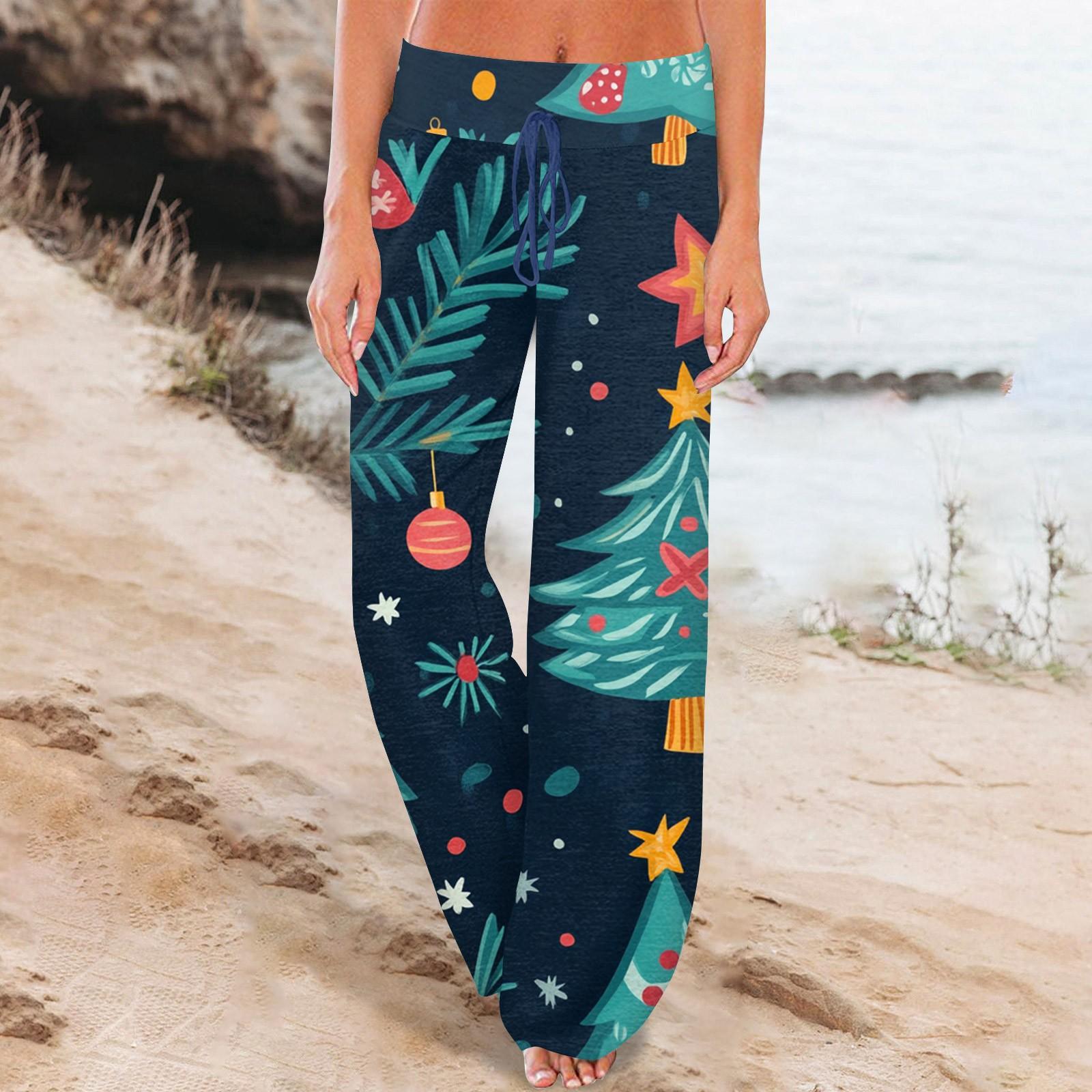 

Женские удобные брюки-слип с рождественским принтом, широкие брюки на шнурке, повседневные брюки S