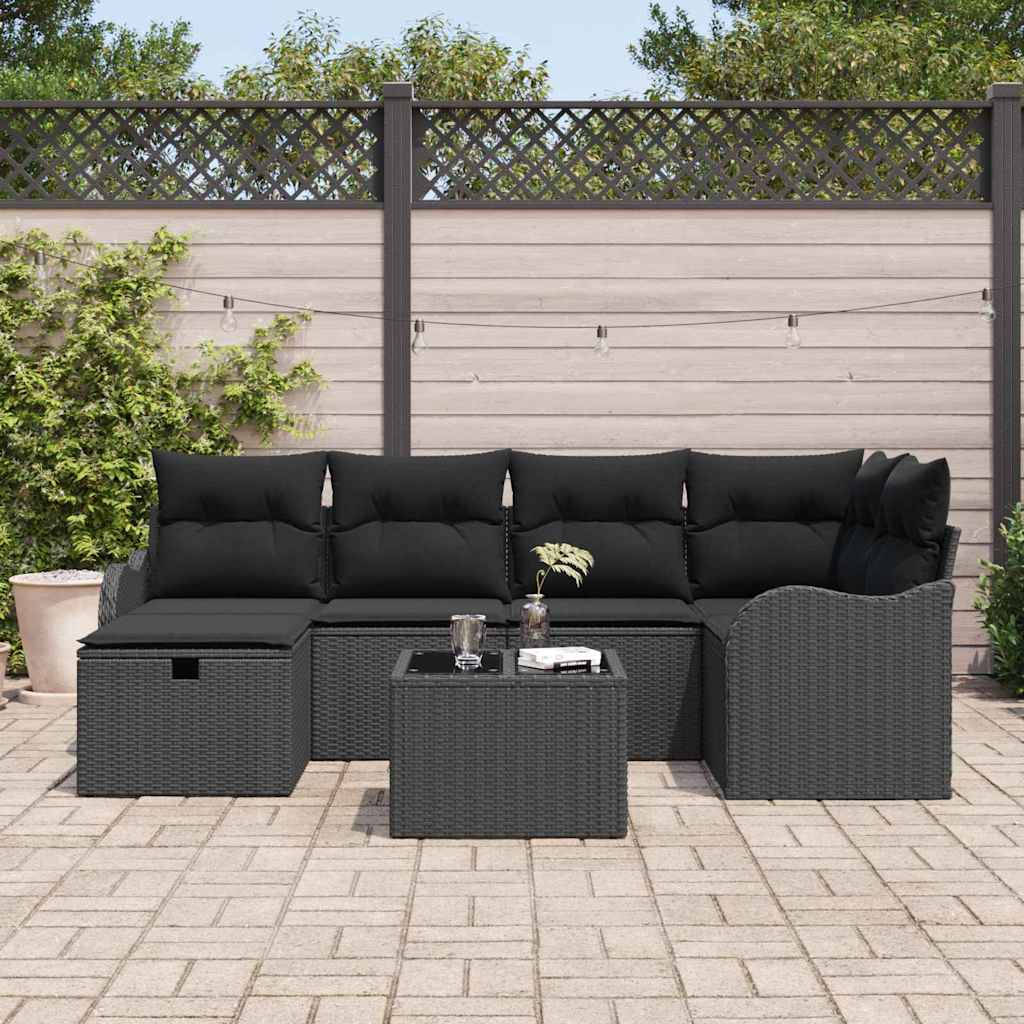 Garden Sofa Set with Cushions 7 pcs Black Poly Rattan