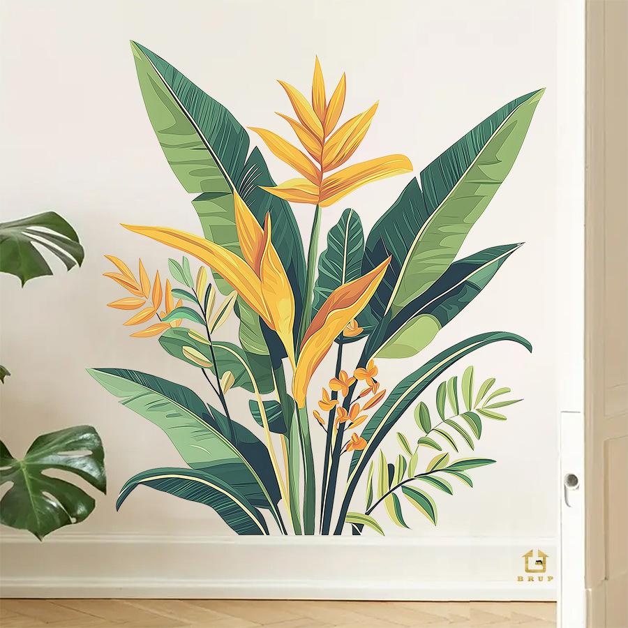Tropical Jungle Green Plants Wall Stickers, Self-Adhesive Fresh Decor for Living Room Study Room Rental Apartment Decoration