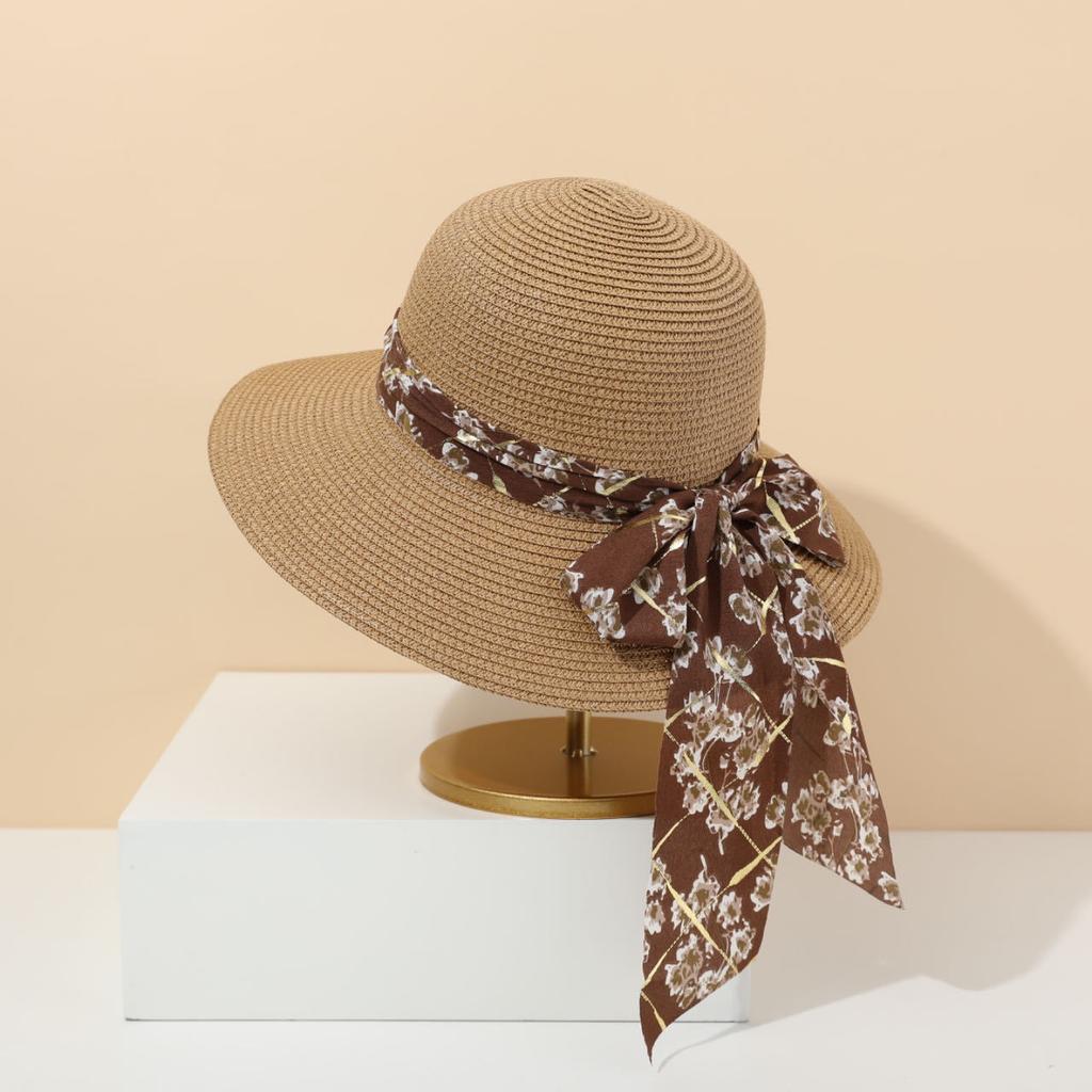 Bow straw hat fashion streamer casual woven straw hat travel sun protection seaside big eaves hat sun hat