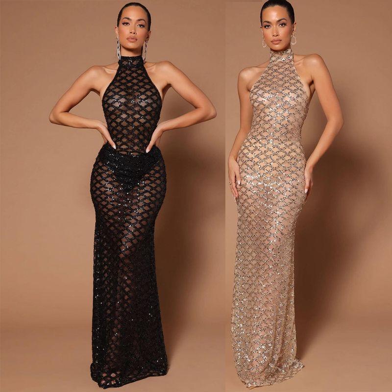 Sexy Evening Dress New Sexy Open Back Party Formal Dress Hot Rhinestone Sequin See-through Dress for Women