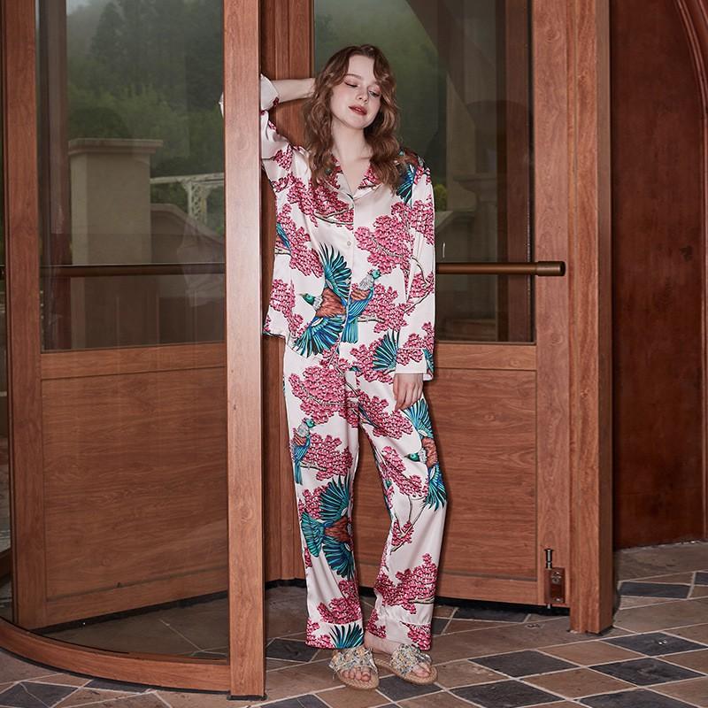 Womens Lightweight Silk-Like Pajama Set Long Sleeve Floral Print Sleepwear Comfortable Home Loungewear