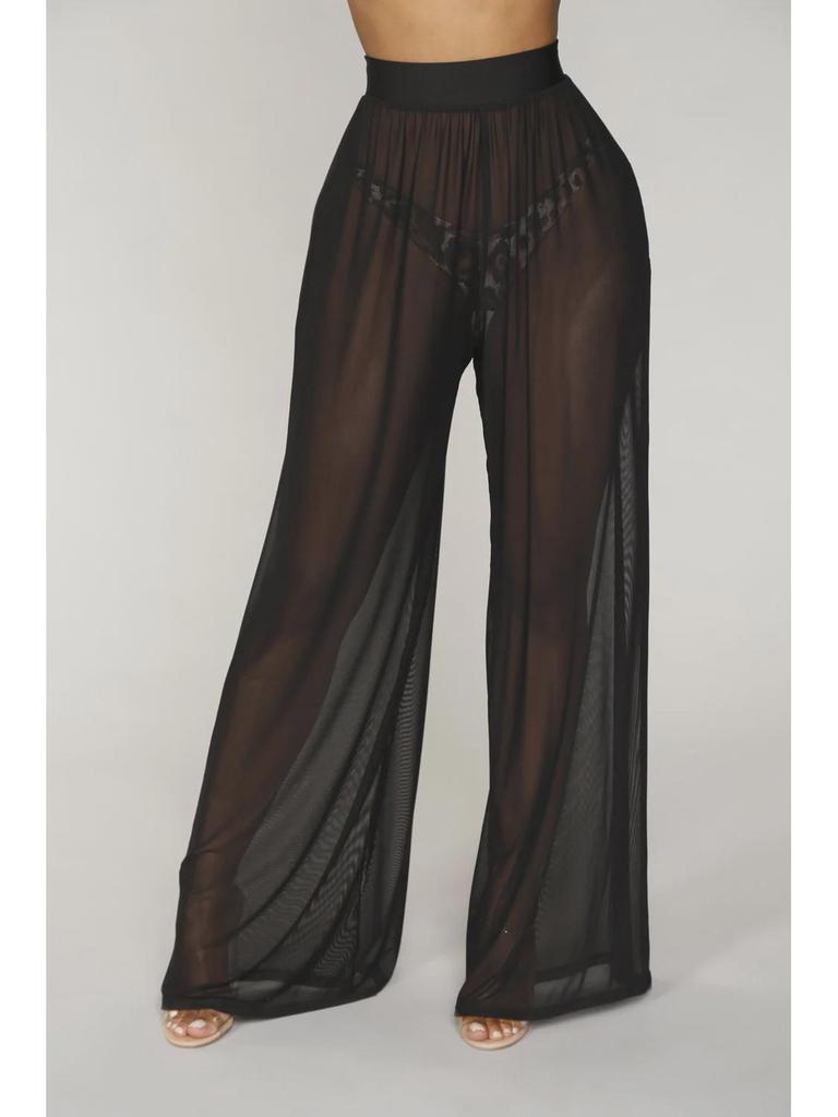 Pantalones Europeos y Americanos de Estilo Caliente de Malla con Volantes Semitransparentes de Pierna Ancha