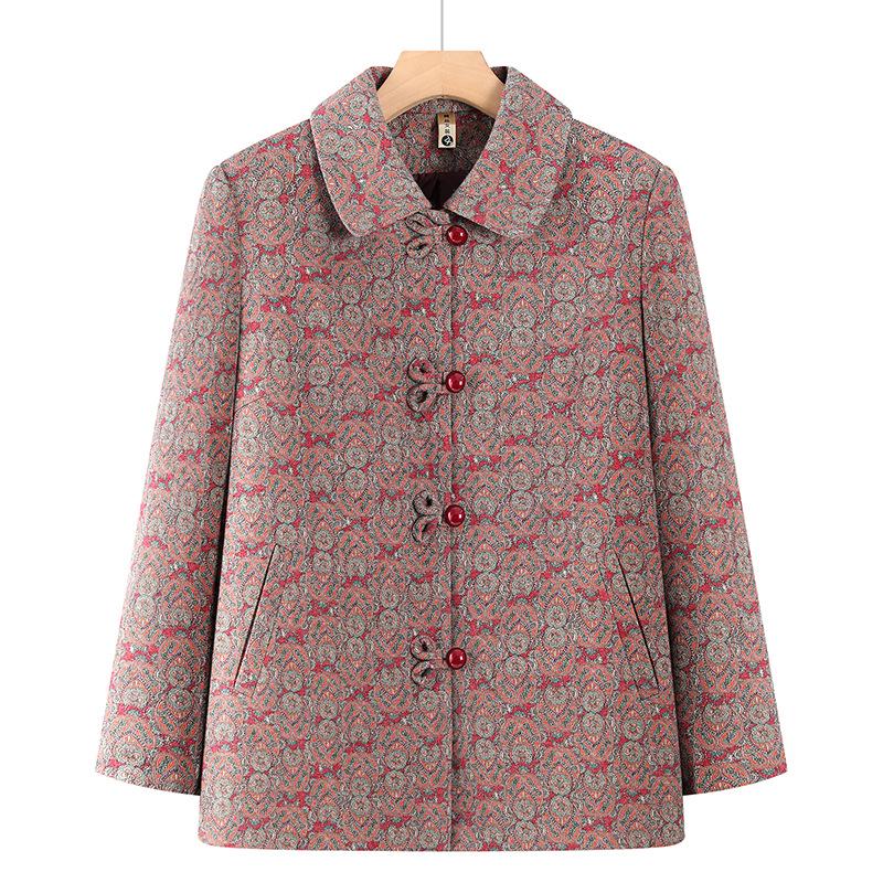 

Plus Size Printed Jacket for Middle-aged and Elderly Women, Spring/Autumn Style, Loose & Slimming with Lapel 2XL (105-120 jin) красный