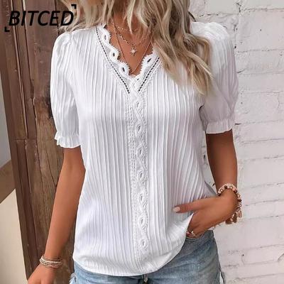 Women's Fashion Casual Solid Color Print Short Sleeve V Neck Blouses & Shirts International Design