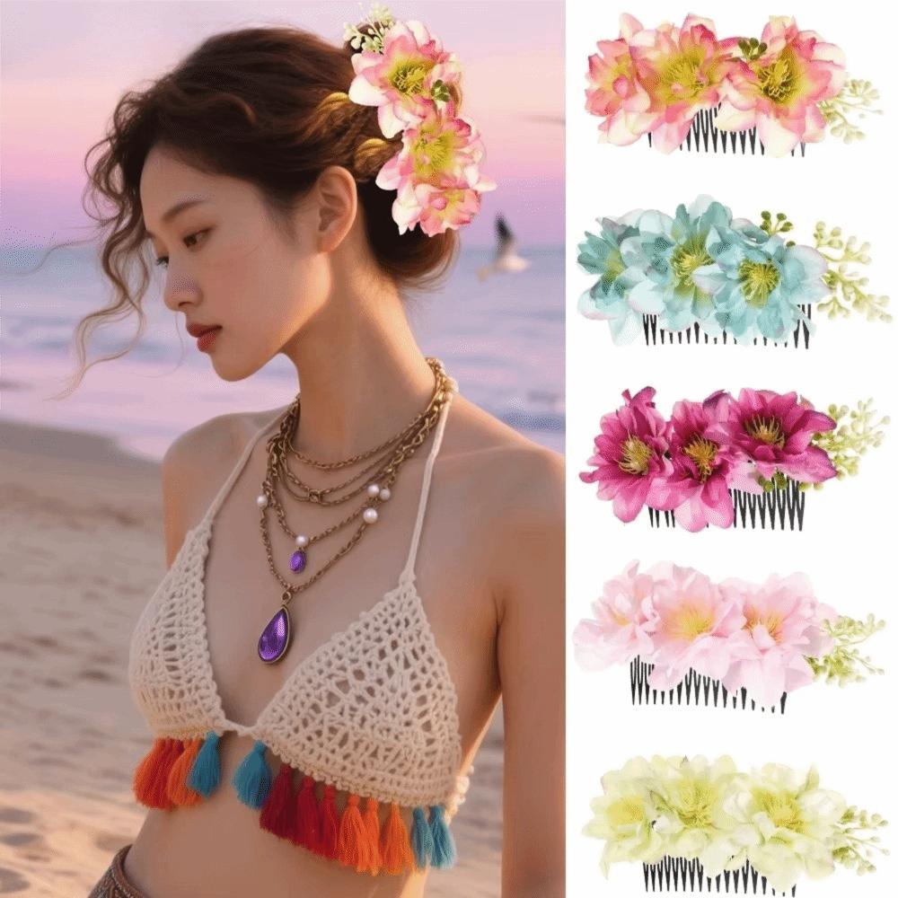 Multicolor Flower Hair Comb Cloth Thai Hair Comb Temperament Hair Accessories  performance clothing