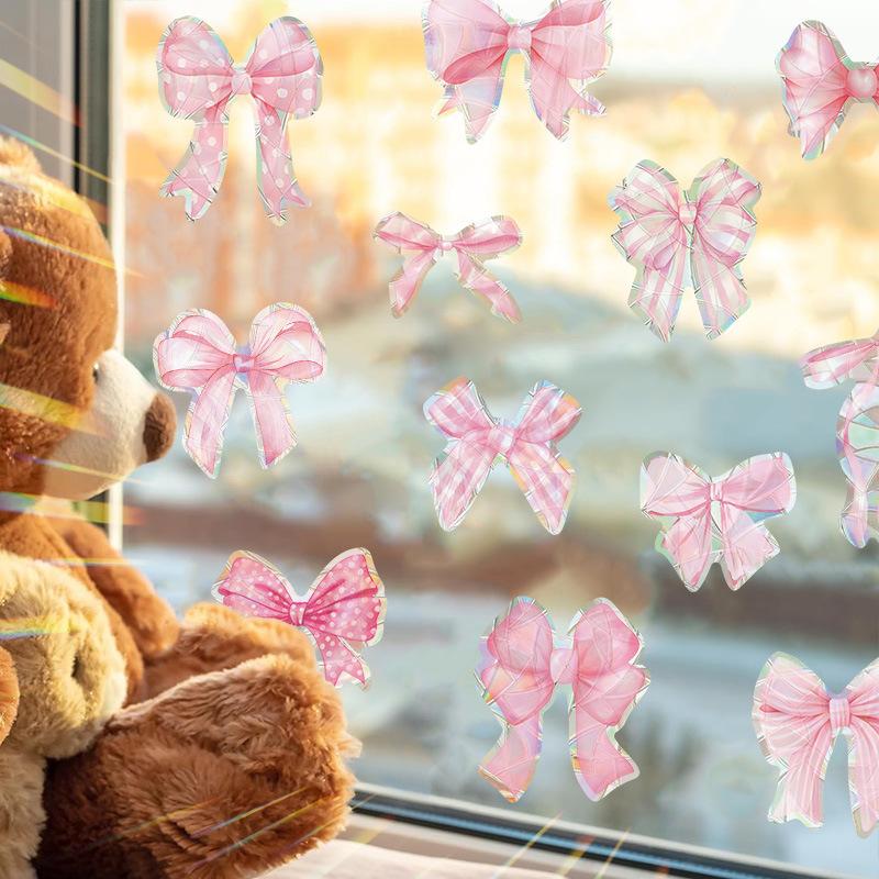 Pink Bow Holographic Window Stickers, Boho Iridescent Glass Decals for Girls Bedroom, Rainbow Window Clings for Bedroom and Shop Window Decor