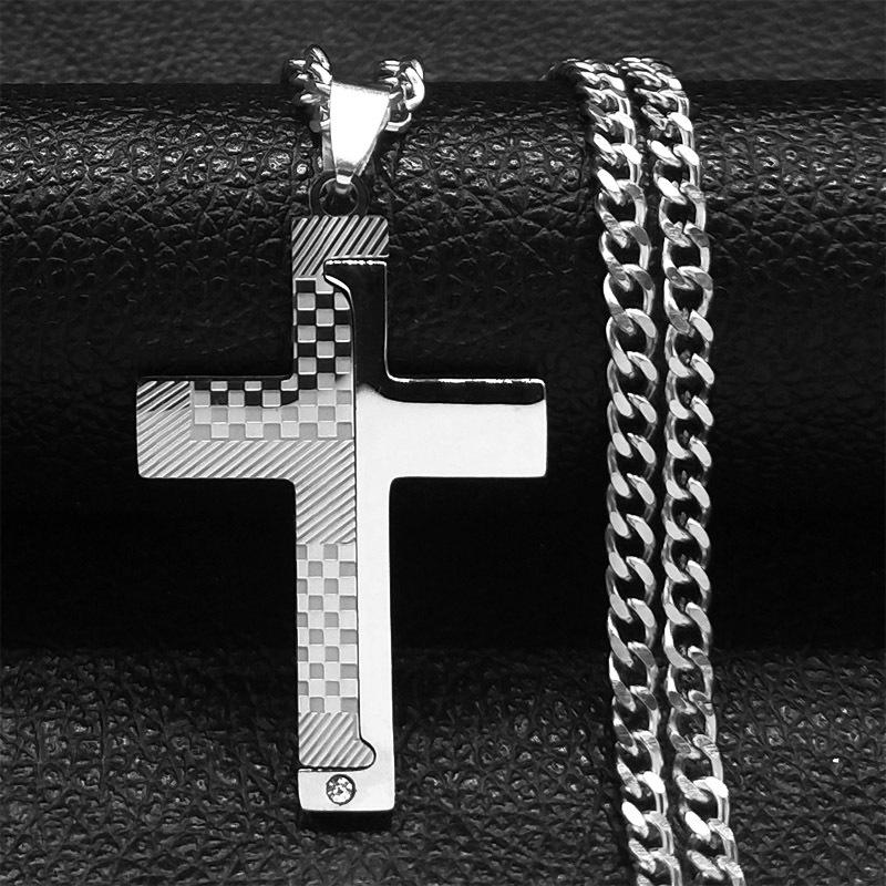 316L Stainless Steel Splice Cross Pendant Chain Necklace For Men Zircon Religion Protect Accessories