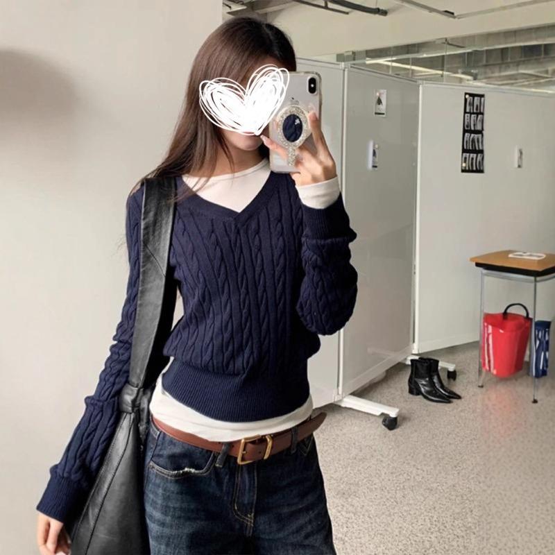 Shoulder collar long-sleeved retro fresh shoulder slim-fitting knitted sweater simple premium commuter slim long-sleeved top