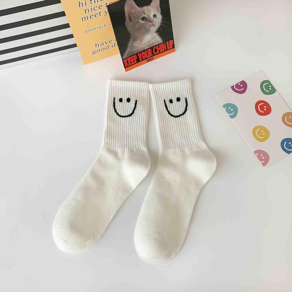Korean Smiley Face Women's Mid-Calf Socks, Cute Japanese Style, Internet Trend, Pure Cotton for Spring, Autumn, Winter