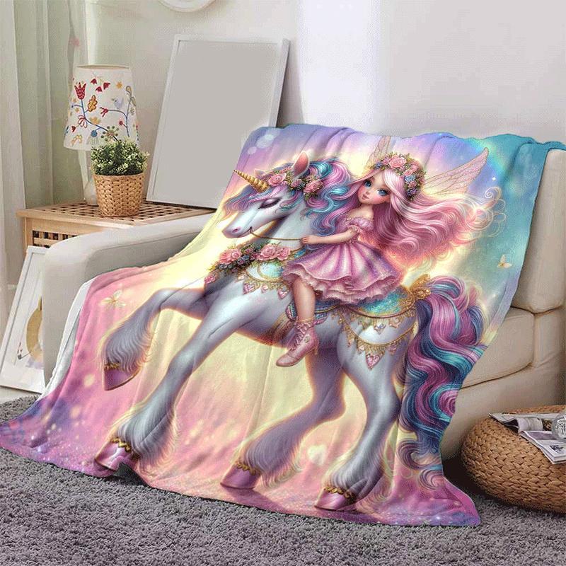 1pc Unicorn Printing Lightweight Flannel Blanket, Comfortable and Warm Blanket, for Camping Sofa Bed and Couch Office, in All Seasons