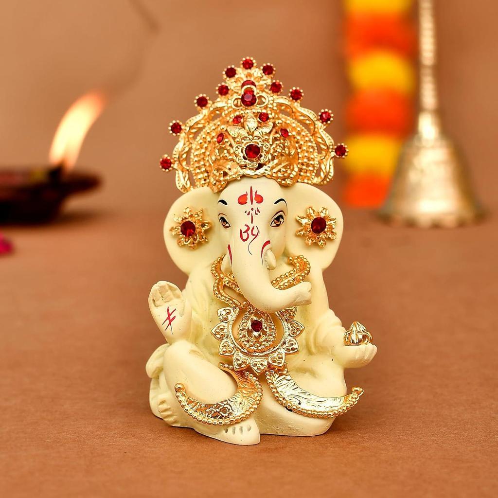 Ganesh Idol Murti Statue for Car Dashboard Gift Ceramic Terracotta Gold Plated Ganesha Ganpati Idols Showpiece Figurine