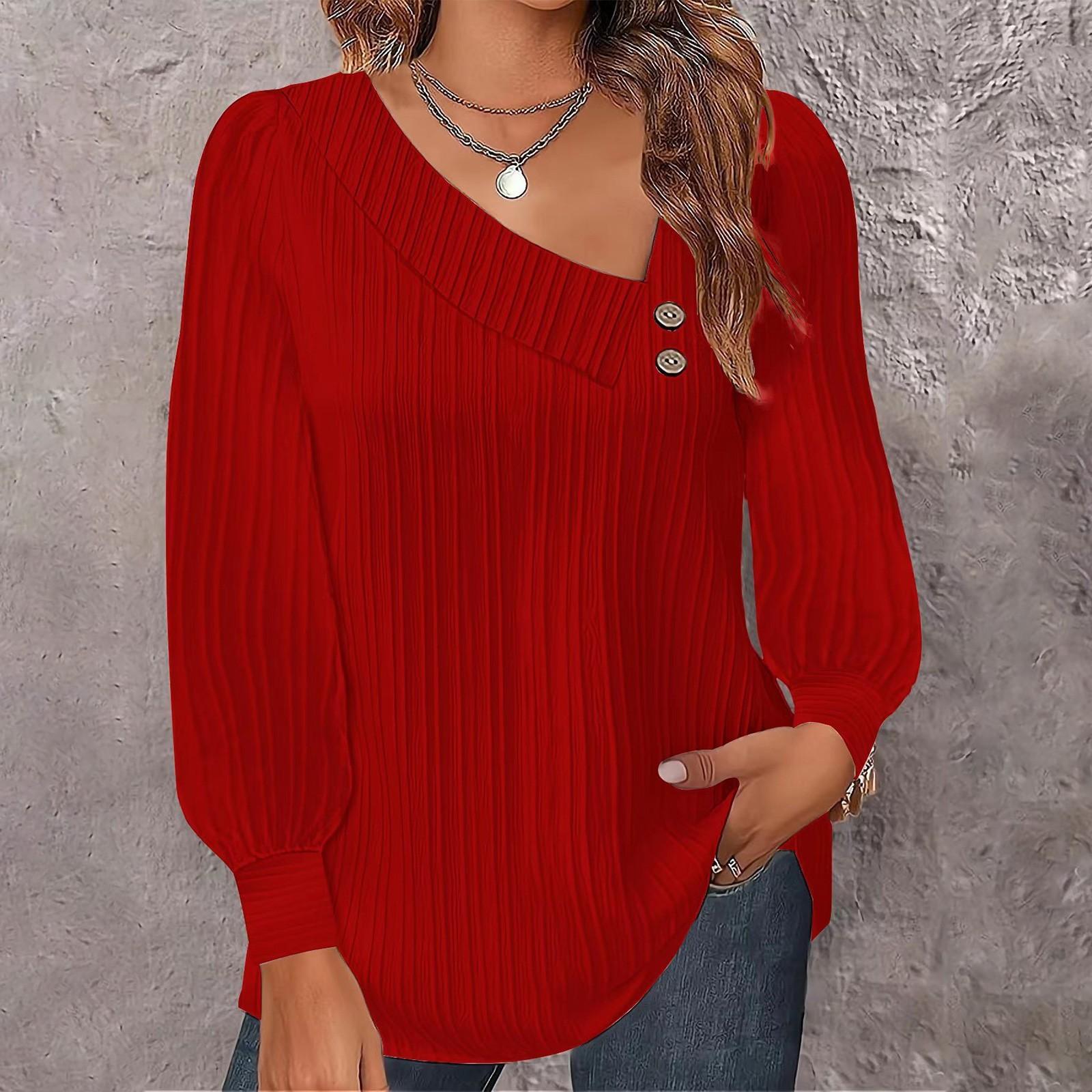

Женская рубашка с V-образным вырезом, на пуговицах, однотонная, с длинным рукавом, повседневная, топы S красный