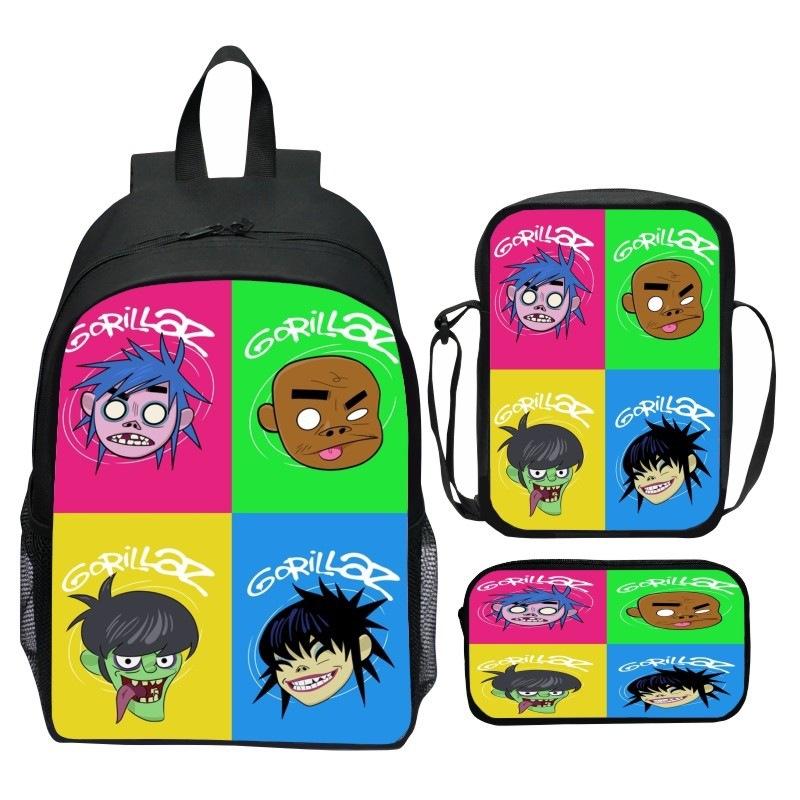 Gorillaz UK Virtual Band Printed Cartoon Backpack 3-Piece Set School Bag Lightweight Large Capacity