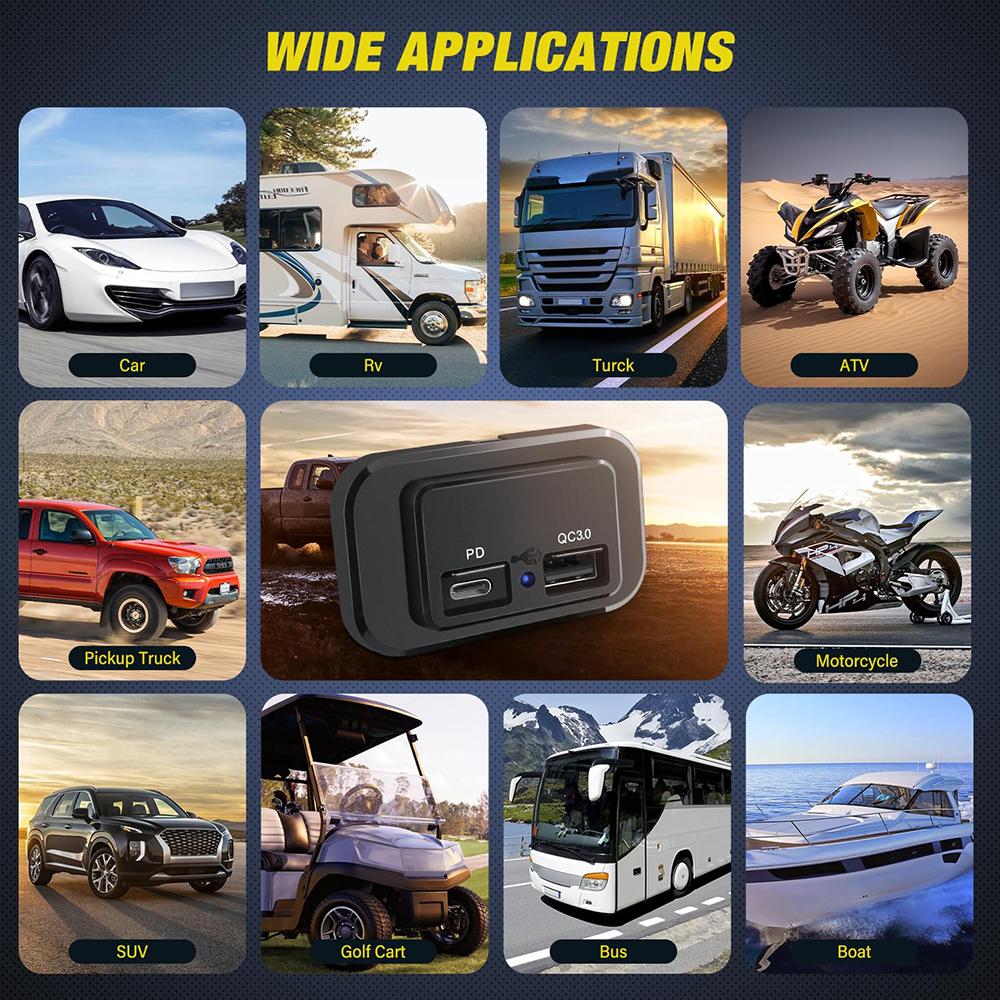 12V/24V PD QC3.0 Car Charger Socket Power Adapter Quick Charge Waterproof with LED Light For Motorcycle Auto Truck ATV RV Bus